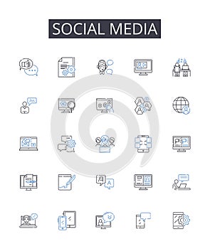 Social media line icons collection. Digital marketing, Online nerking, Web presence, Cyber communication, Internet