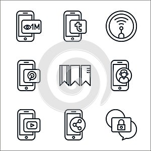 social media line icons. linear set. quality vector line set such as lock, smartphone, youtube, video chat, bookmark, pinterest,