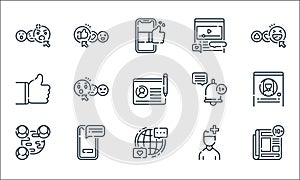 Social media line icons. linear set. quality vector line set such as news, internet, network, user, smartphone, thumbs up,