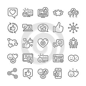 Social media line icons. Set of Share network, Social links and Rating icons. Vector