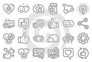 Social media line icons. Set of Share network, Social links and Rating icons. Vector