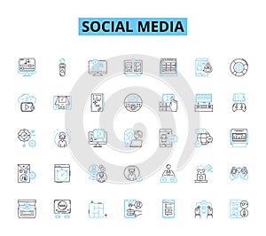 social media linear icons set. Innovation, Sharing, Virality, Nerking, Connection, Community, Engagement line vector and photo