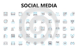 social media linear icons set. Innovation, Sharing, Virality, Nerking, Connection, Community, Engagement vector symbols
