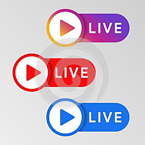 Social media live badge. Instagram, youtube, facebook style banner. Streaming and broadcasting icon. Red. blue and