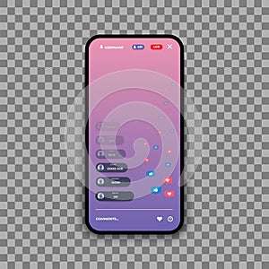 Social media live stream. Mobile video streaming mockup with hearts. Vector online network phone interface transparent background