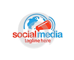 Social media logo, globe and megaphone logo photo