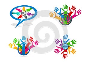 Social media logo, hand care with speech bublles symbol, global network communication concept design