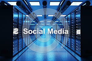 Social media logo in large modern data center with multiple rows of network internet server racks, 3D Illustration