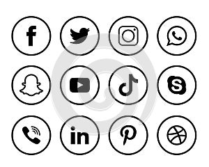 Black & white Social media logo set of facebook twitter instagram pinterest whatsapp dribble you-tube linked in and snap-chat