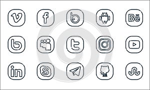 social media logos line icons. linear set. quality vector line set such as stumbleupon, telegram, linkedin, github, skype, bebo,