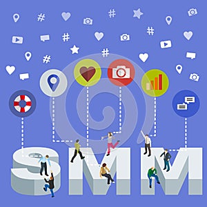 Social media marketing 3d isometric concept. Isometric People. Social media web banner.