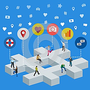 Social media marketing 3d isometric concept. Social media web banner. Isometric people on by .