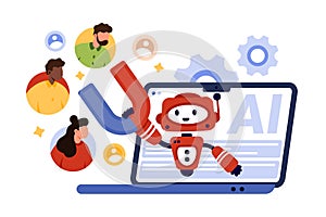 Social media marketing automation, AI tools to engage customers by robot with magnet