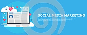 Social media marketing banner. Computer with likes, cloud, comment, hashtags