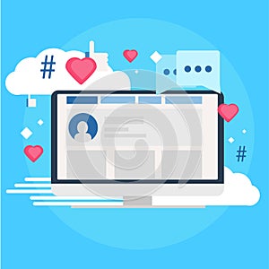 Social media marketing banner. Computer with likes, cloud, comment, hashtags