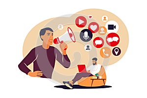 Social media marketing concept. Man using social networking. Smm management. Online advertising. Vector Illustration. Flat