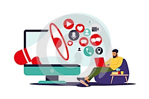 Social media marketing concept. Man using social networking. Smm management. Online advertising. Vector Illustration. Flat