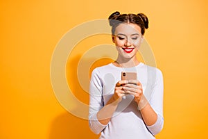 Social media marketing concept. Portrait of cute beautiful female student receiving emails from sweeteheart reading news photo