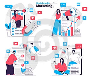 Social media marketing concept set. Customer attracting and online promotion. People isolated scenes in flat design. Vector