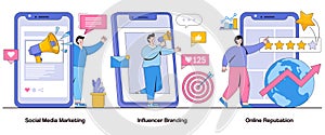 Social media marketing, influencer branding, online reputation concept with character. Business visibility abstract vector