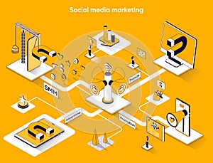 Social media marketing isometric web banner. Communication, online promotion flat isometry concept. Advertising, SMM