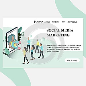 Social media marketing landing page. Young blogger with magnet attract