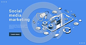 Social media marketing promo seo optimization service internet banner landing page isometric vector