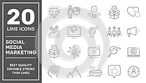 Social Media Marketing SMM icons set collection. Includes simple elements such as Content, Video Marketing, Ad Targeting,