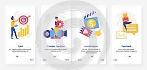 Social media marketing, smm target, creative content mobile app screen set photo