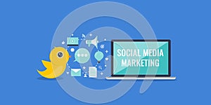 Social media marketing text on laptop screen, - flat design social media banner.