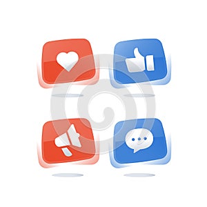 Social media marketing, thumb up button, online messaging, vector icon set