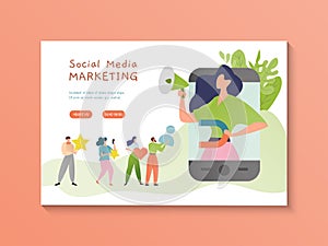 Social media marketing vector illustration. Video multimedia content online. Digital marketing concept. Woman cartoon