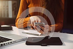 Social media and Marketing virtual icons screen concept.close up of businesswoman typing keyboard with laptop