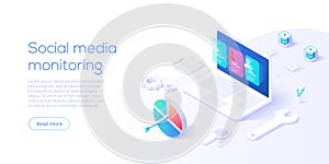 Social media monitoring concept in isometric vector design. Online internet marketing analysis or business monitoring tools. User