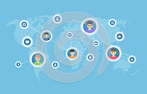 Social media and network connection map concept. World communication people social network illustration