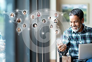 Social media network,  Global network connection and people connecting all over the world map. Smiling happy mature man using photo