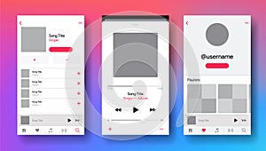 Social media network inspired by Apple Music. Mobile app interface. Subscription music player. Profile, Album, Song, Playlist