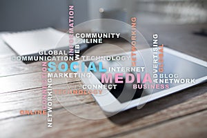 Social media network and marketing. Business, technology concept. Words cloud on virtual screen.