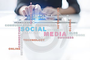 Social media network and marketing. Business, technology concept. Words cloud on virtual screen.