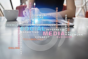 Social media network and marketing. Business, technology concept. Words cloud on virtual screen.