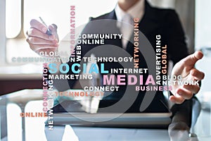 Social media network and marketing. Business, technology concept. Words cloud on virtual screen.