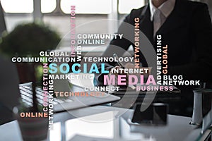 Social media network and marketing. Business, technology concept. Words cloud on virtual screen.