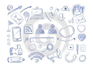 Social media network vector doodles, internet computer hand draw icons