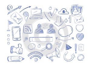 Social media network vector doodles, internet computer hand draw icons