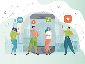 Social media network vector illustration, cartoon tiny people community using smartphone follow, like, feedback on blog