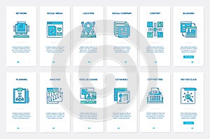 Social media network, video web blog UX, UI onboarding mobile app page screen set