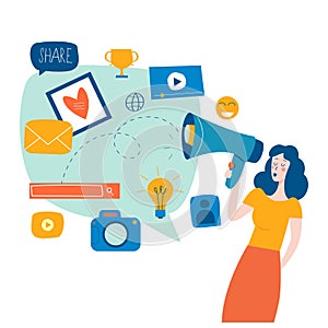 Social media, networking, chatting, texting, communication, online community, posts, comments, news flat vector illustration. Desi