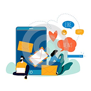 Social media, networking, chatting, texting, communication, online community, posts, comments, news flat vector illustration. Peop