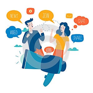 Social media, networking, chatting, texting, communication, online community, posts, comments, news flat vector illustration. Peop