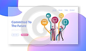 Social Media Networking Landing Page Template. Characters Holding Smartphones Communicating Online Using Free Network